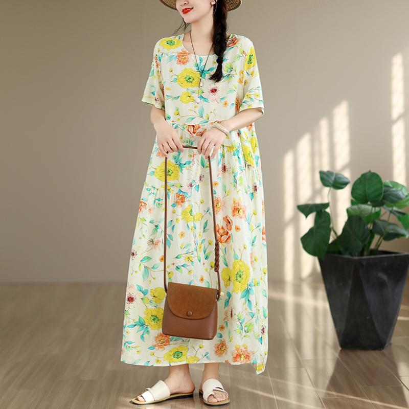 DIMANAF New 2026 Sundress Women Plus Size Summer Casual Print Floral Maxi Long Dress Cotton Loose Oversize Beach Holiday