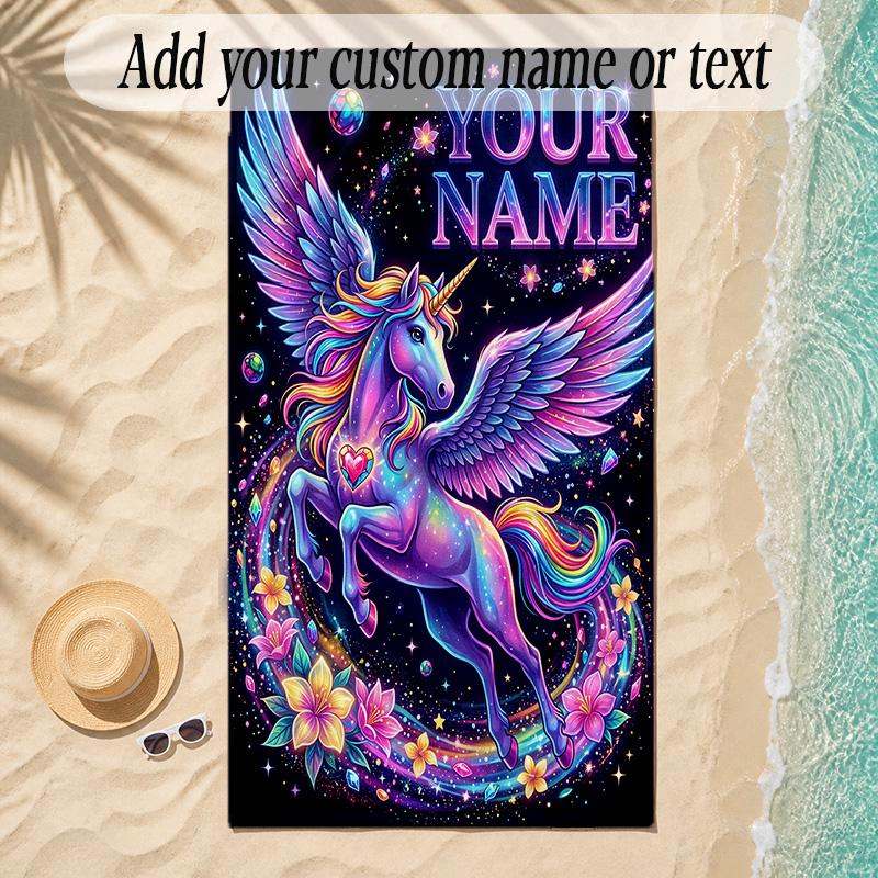 Unicorn Theme Soft Beach Towel Personalized Custom Name Text Towel Portable for Beach Pool Travel