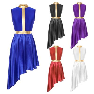 Womens Metallic Praise Dance Dress Overlays Tunics Asymmetrical Satin Skirt Liturgical Lyrical Worship Costume