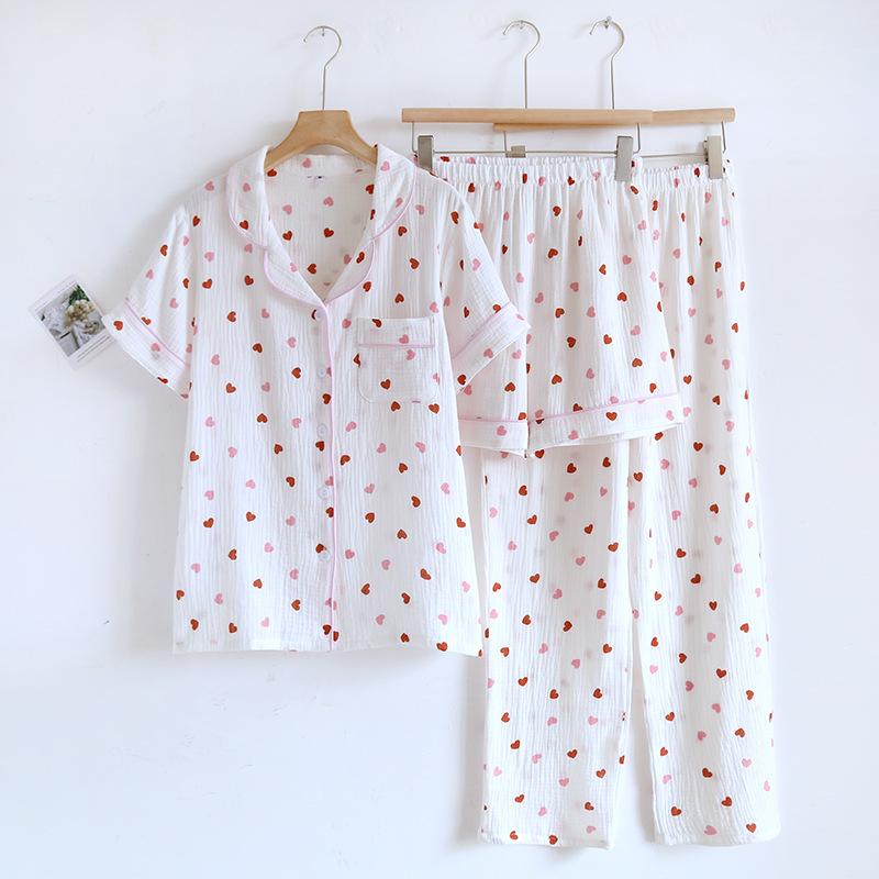 New Summer Pajamas Set 100% Cotton Crepe Love Short Sleeves + Shorts + Pants Three Piece Set Buckle Cute Ladies Pajamas