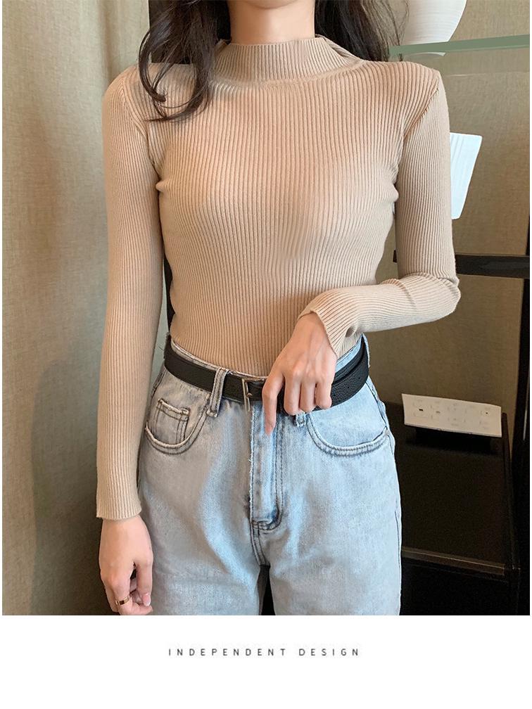 Women's 2022 Solid Color Semi-High Neck Long Sleeve Knitted Sweater