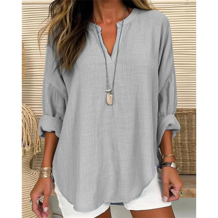 Women's Cotton Linen Shirt Loose Casual Long Sleeve Top with Stand Up Collar
