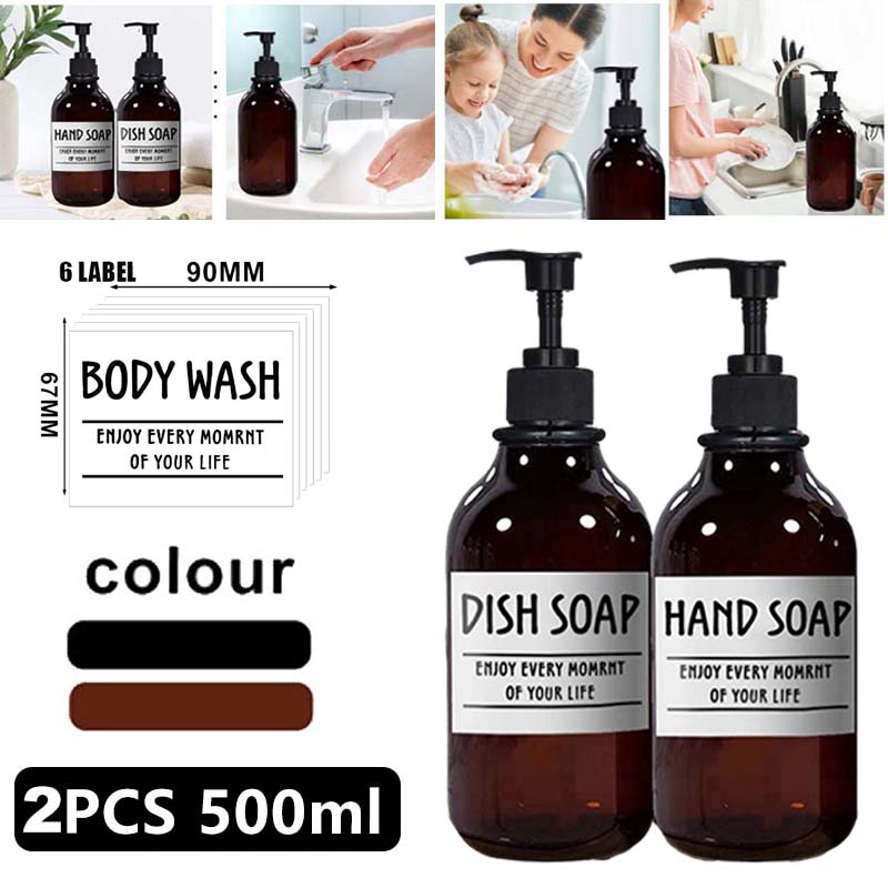 2PCS 500ml Travel Large Capacity Bathroom Soap Shampoo Dispenser Pump Press Bottle Multi-purpose Liquid with 6 Labels