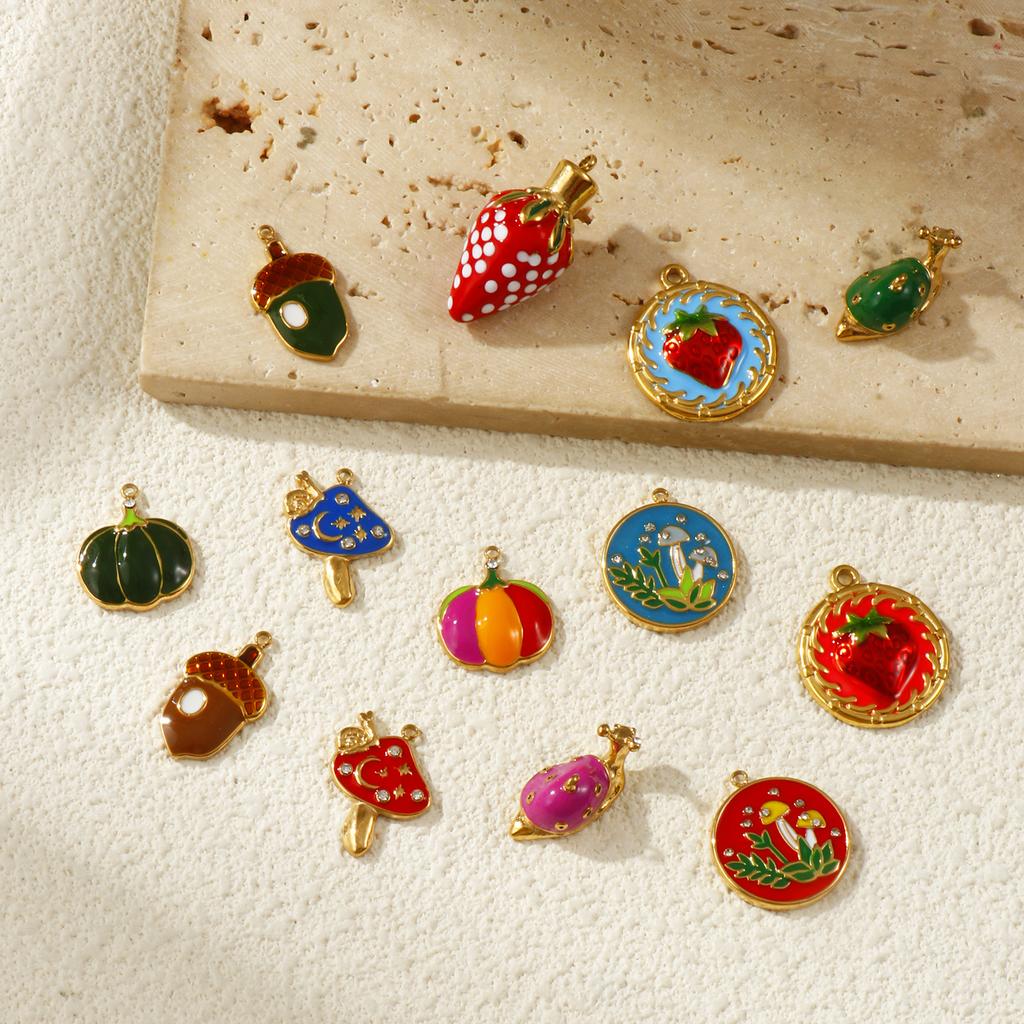 1Piece 304 Stainless Steel Charms 18K Gold Plated Enamel Strawberry Acorn Snail Mushroom Pendant For DIY Necklace Jewelry Making