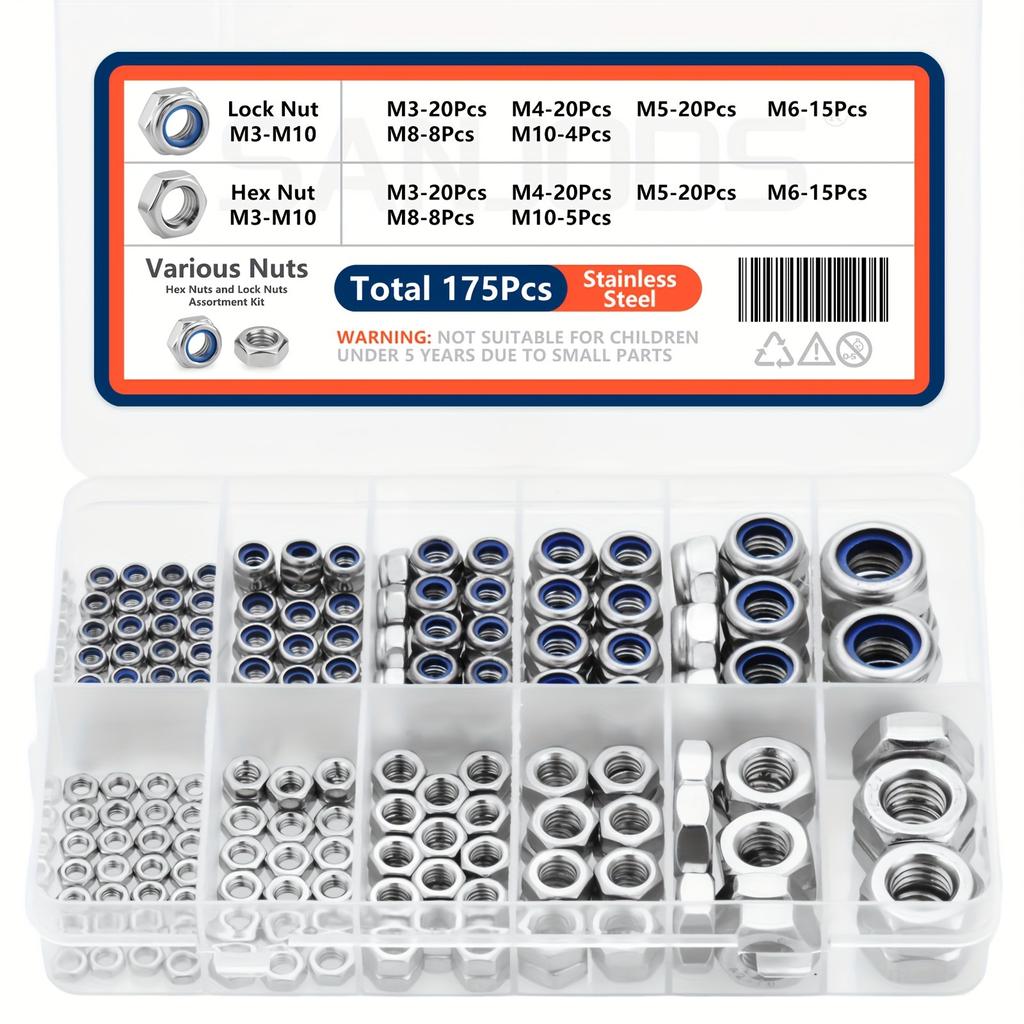 175pcs Stainless Steel Lock Nuts & Hex Nuts Assortment Kit, M3 M4 M5 M6 M8 M10, Assorted Metric Nylon Insert Lock Nuts & Hex Nut Set