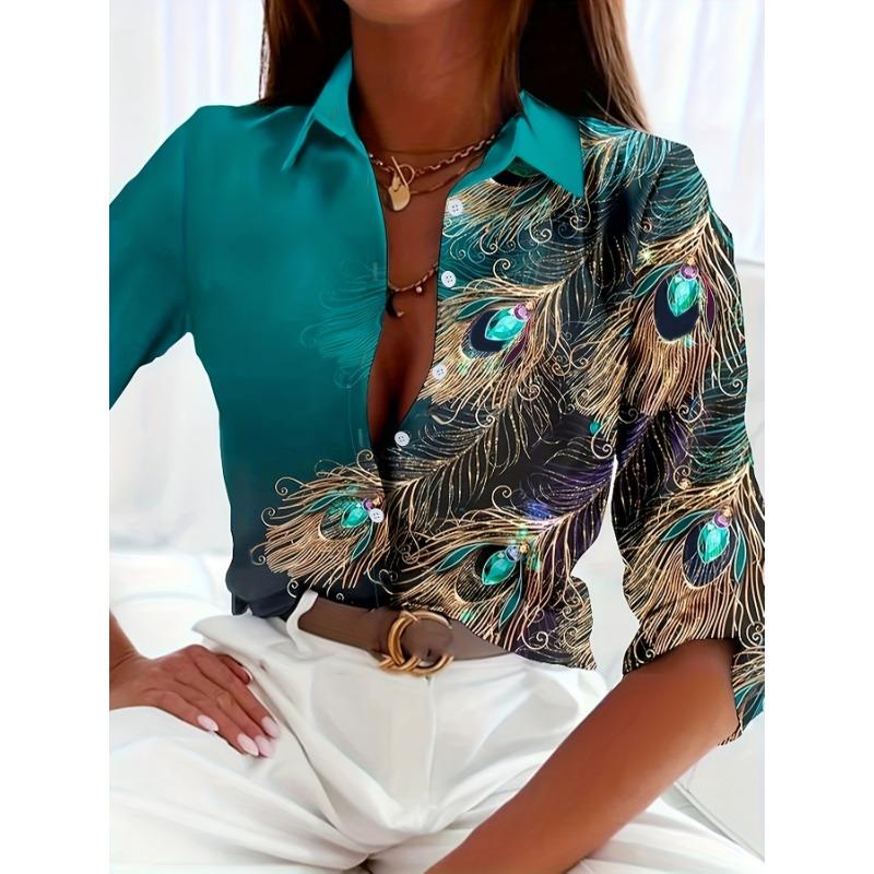 Peacock Print Casual Loose Women's Shirt Autumn Vintage Women's Oversized Shirts and Blouses Fashion Elegant Women's Tops