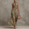 Rochie Maxi de Damă cu Gât pe Gât, Fără Mâneci, Imprimeu Floral, Talie Înaltă, Talie Înfășurată, Șifon Fluidă, Rochie Lungă de Vacanță