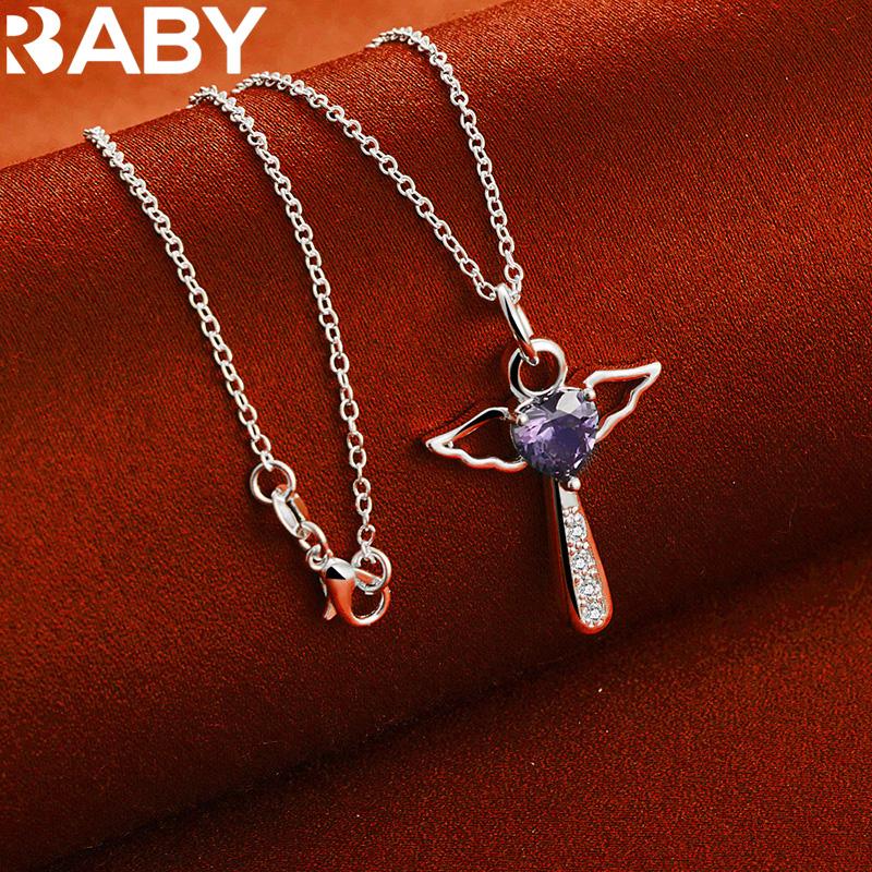 URBABY 925 Sterling Silver With 16-30 inch Chain Amethyst Heart Cross Pendant Necklace For Women Wedding Party Gifts Jewelry 4