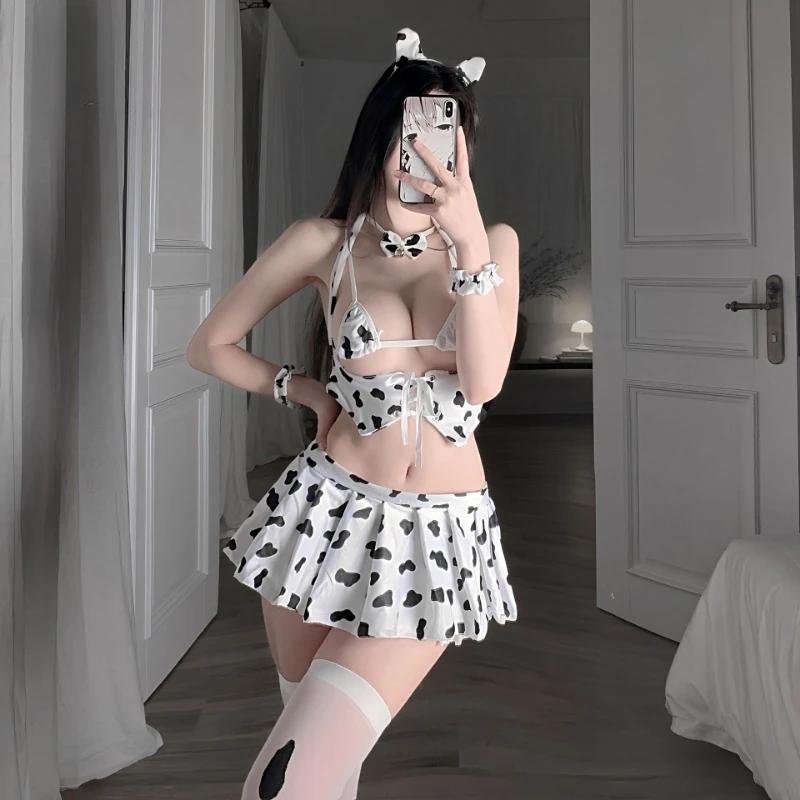 Lolita Cow Girl Sexy Lingerie Corset Women Cows Cosplay Costume Print Japanese Maid Uniform Tempatation Underwear Mini Skirt Set