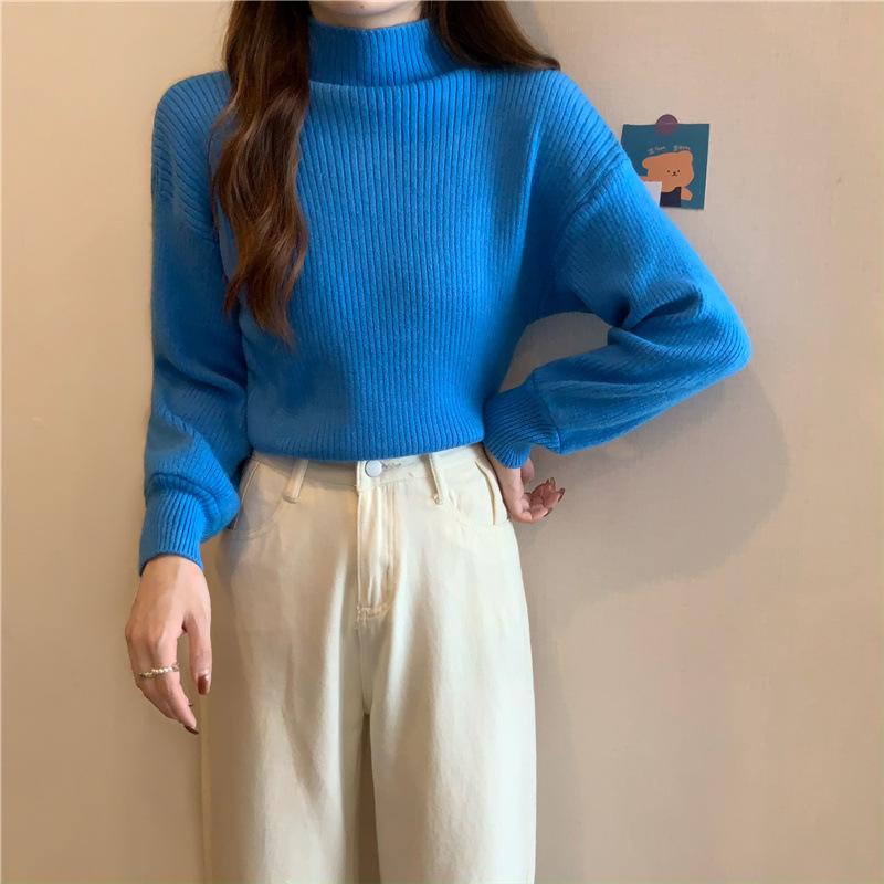 Half Turtleneck Sweater for Women Loose Solid-color Knitted Sweater for Autumn and Winter Casual Long-sleeved Pullover