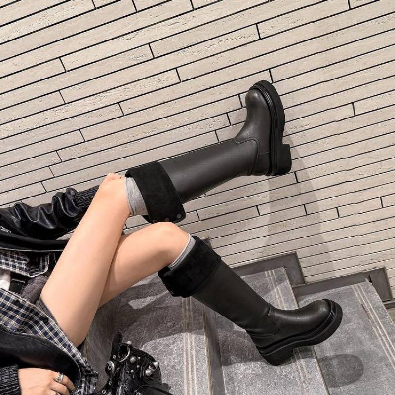 New Women's Versatile Martin Boots Solid Color Medium Heel Large Size Women's Boots Thick-soled Non-slip Round Head Autumn and Winter Leather High 