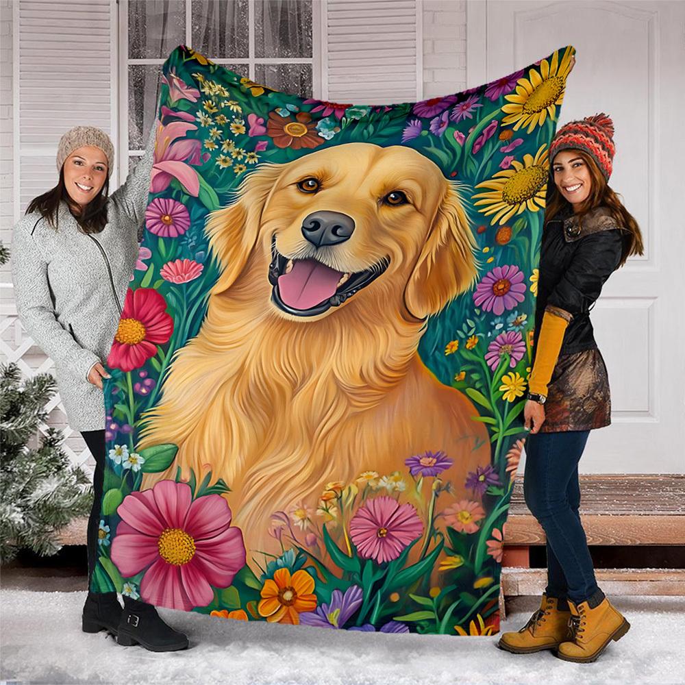 1pc Golden Retriever Floral Throw Blanket Polyester Fiber, Lightweight Flannel, Soft & Warm, All Season Use for Outdoor, Camping
