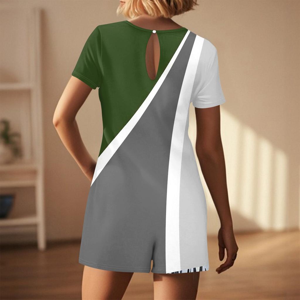 Damen Modischer und Lässiger Kurzarm-Plissee-Taschen-Jumpsuit Bedruckter Jumpsuit Shorts