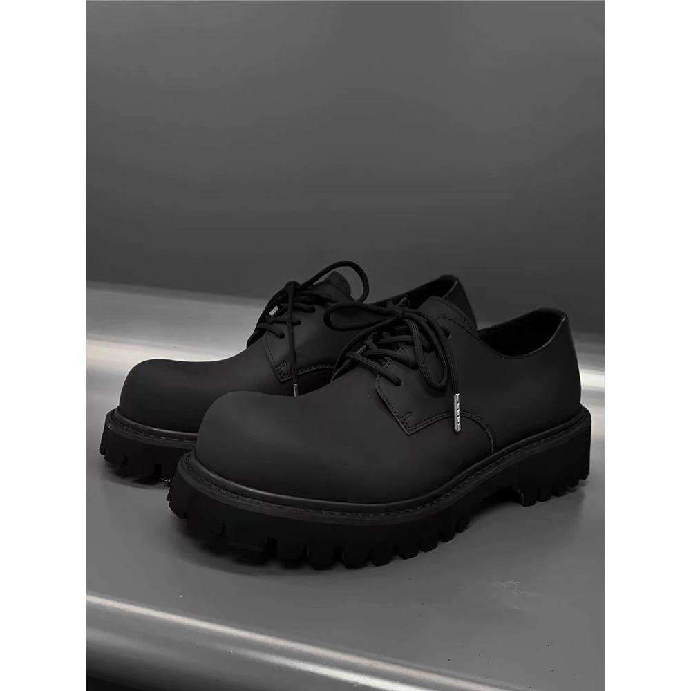 Men's Trendy British Style Height-Increasing Round Toe Matte Leather Derby Shoes - High-End Japanese Low-Top Martin Style