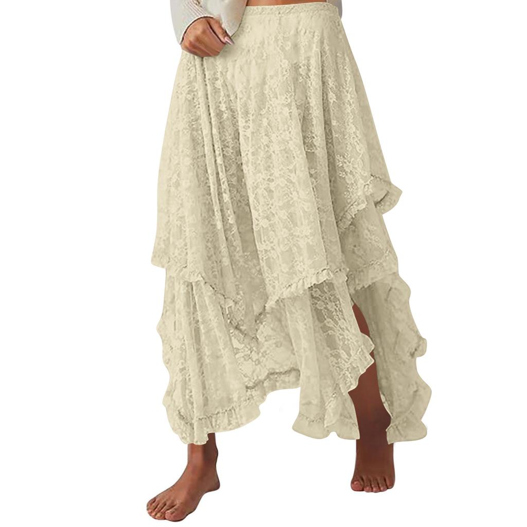 Women's High Waist Layered Ruffle Hem Maxi Skirt Asymmetrical Bohemian Style Lace Overlay Flowy Long Skirt for Casual Wear