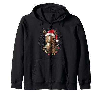 Funny Horse Riding with Santa Hat and Lights Zip Hoodie