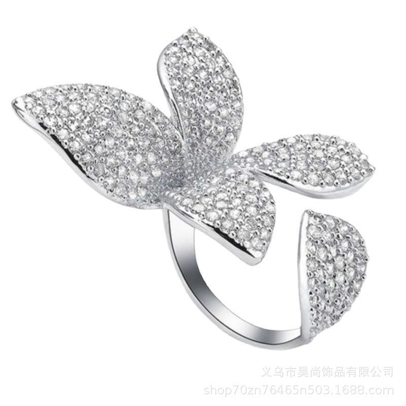 

SCIONE New Fashing Ring Banquet Luxury Temperament Zircon Flower Ring Full Diamond Opening Adjustable Ring Jewelry серебряный