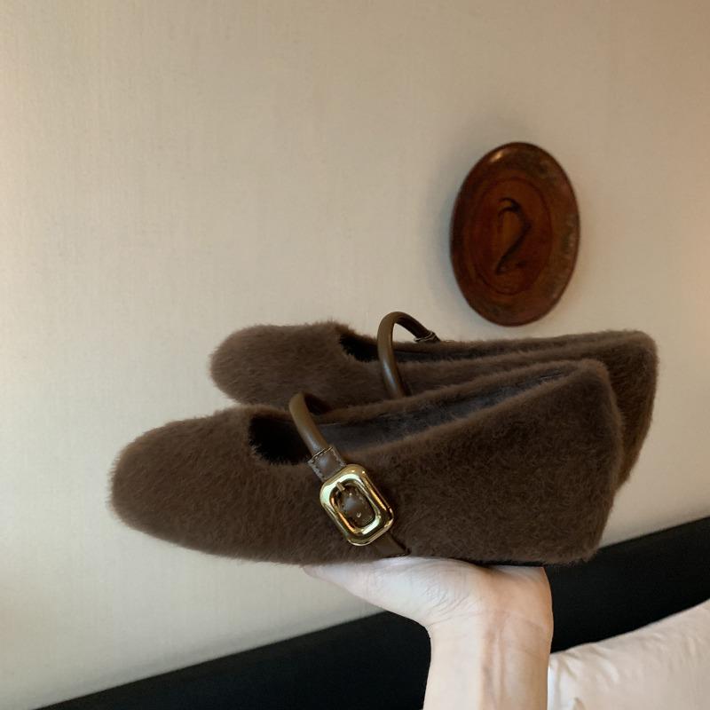 Real wool version~ inner height increase cm grape ma ballet single shoes fleece warm fluffy shoes women wear Mary Jane shoes in winter