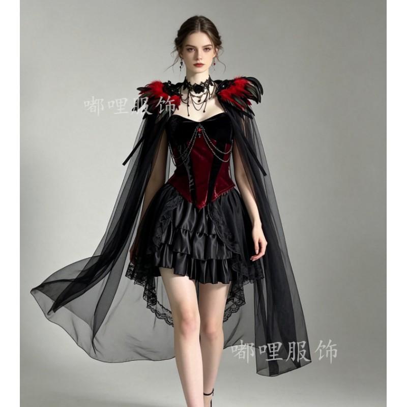 Gothic Vampire Cosplay Costume Women Halloween Black Feather Cape Dress