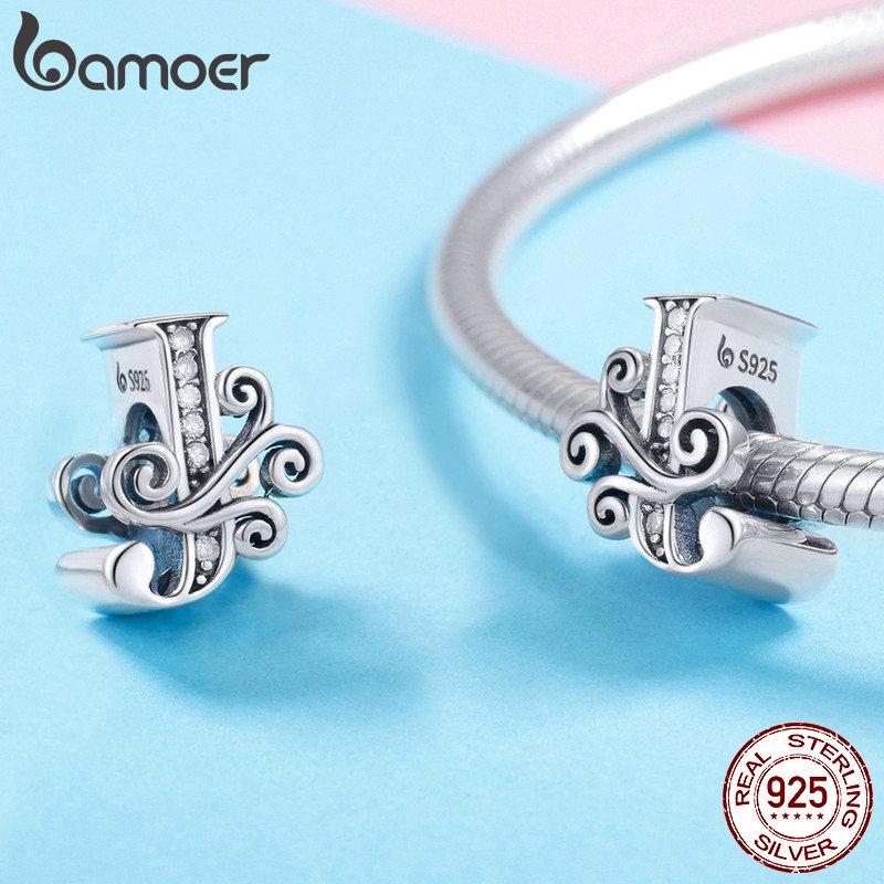 BAMOER Genuine 925 Sterling Silver Letter J Alphabet Beads Charms Fit Charm Bracelets & Bangles DIY