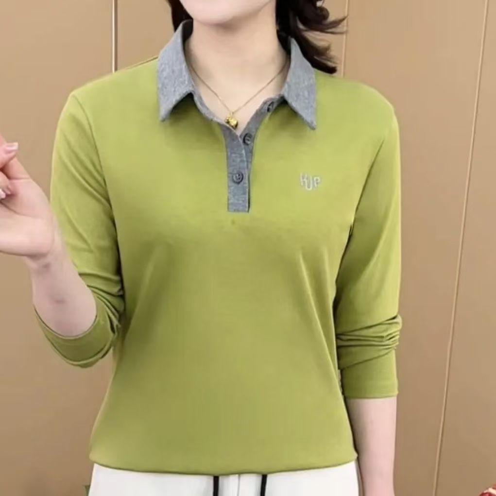 Spring 2025 Women's Age-Reducing Polo Shirt - Long-Sleeve, Turn-Down Collar, Loose Fit, Fashionable Base Top