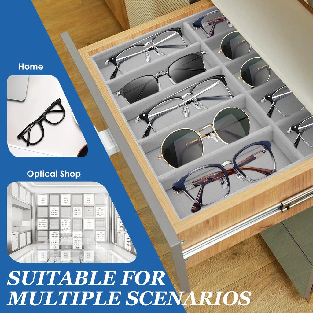 Sunglass Organiser 10 Slots Plush Glasses Display Tray Stackable Eye Wear Collection Storage Organizer for Home Display