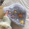 Cute Star Rabbit Plush Bucket Hat Girls Autumn and Winter Warm Plain Hat Sweet Washbasin Hat