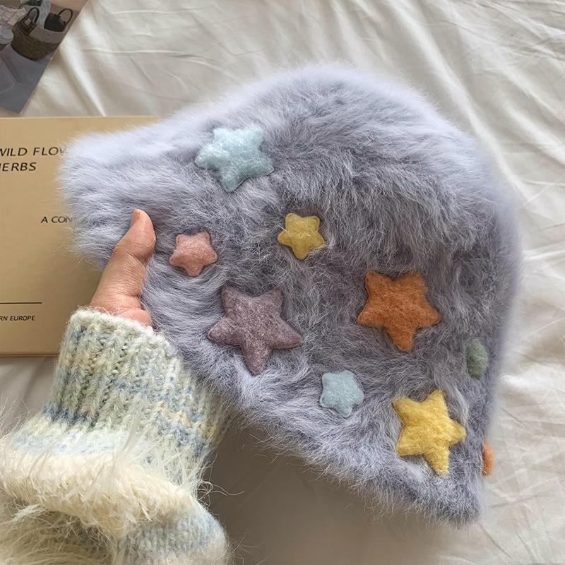Cute Star Rabbit Plush Bucket Hat Girls Autumn and Winter Warm Plain Hat Sweet Washbasin Hat