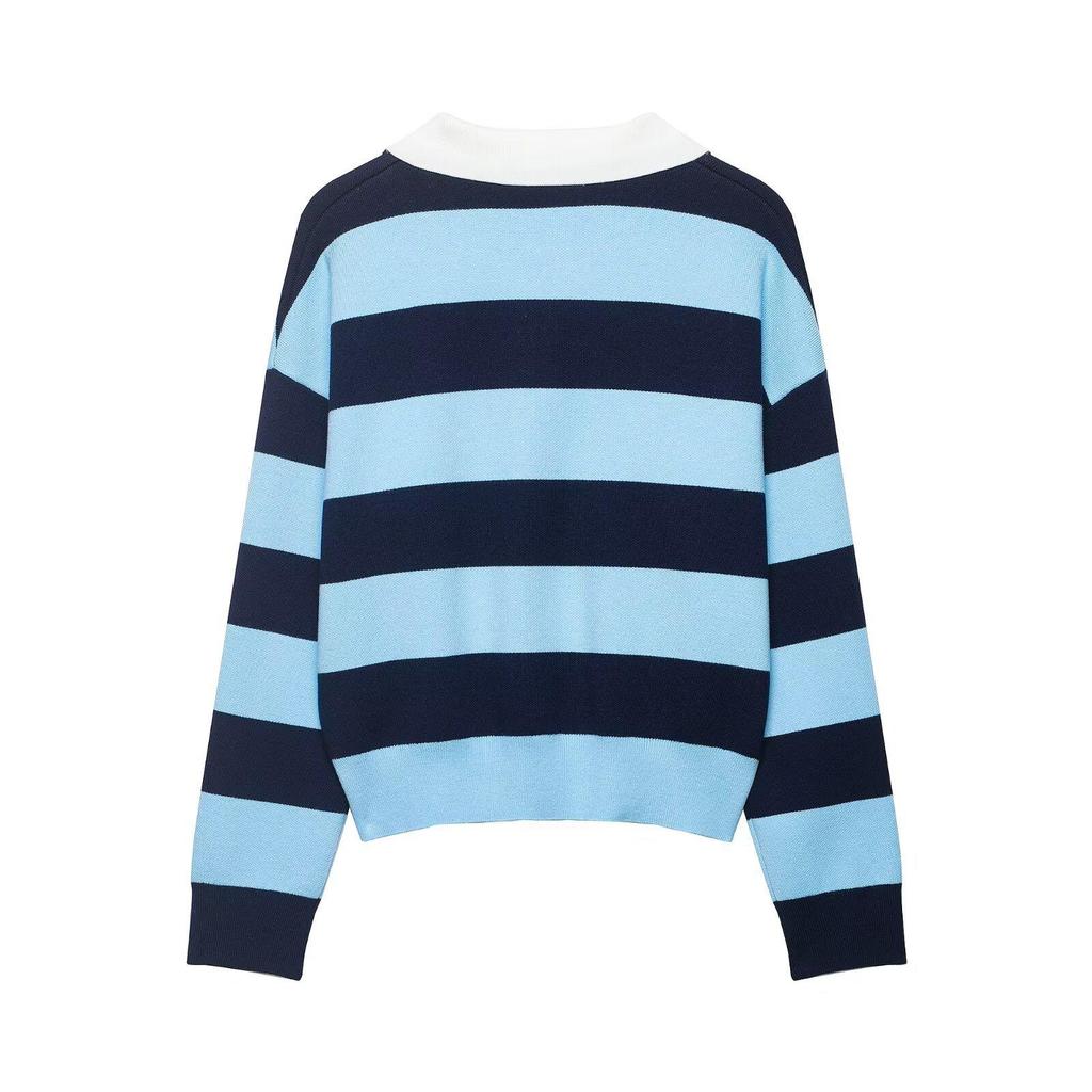 Spring 2026 Women's European & American Striped Lapel Knit Pullover Sweater