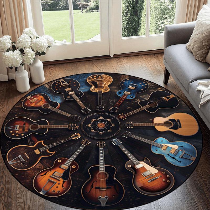 Rock Guitar Round Area Rug, Non-Slip Washable Music Carpet, Vintage Guitar Collection Print Floor Mat for Patio Living Ro