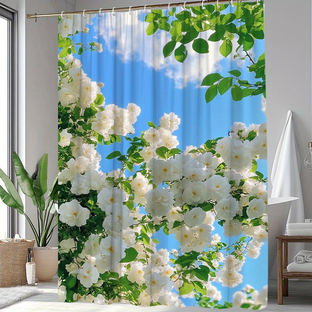 1Pc Floral Pattern Shower Curtain White Roses With Blue Sky Background Natural Scenery Shower Curtain Bathroom Decoration Polyes