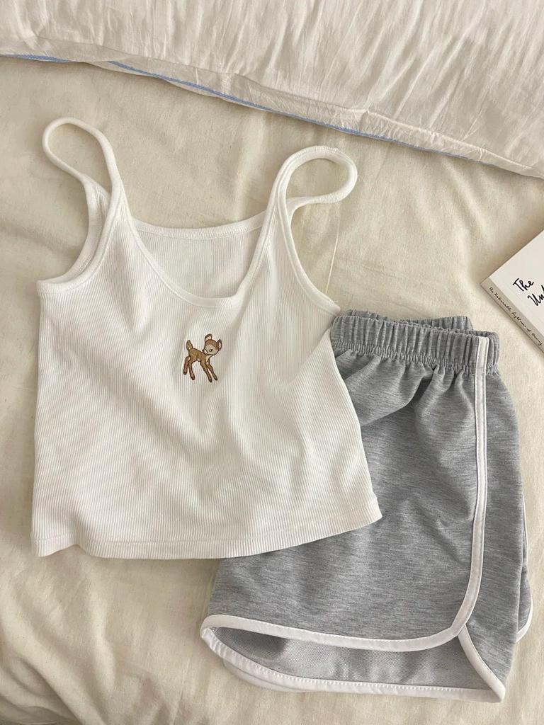 Set Pijama Camisolă Matlasată pentru Femei - Pantaloni Scurți & Vestă,Țesătură Subțire, Amestec de Bumbac Îmbrăcăminte de Casă