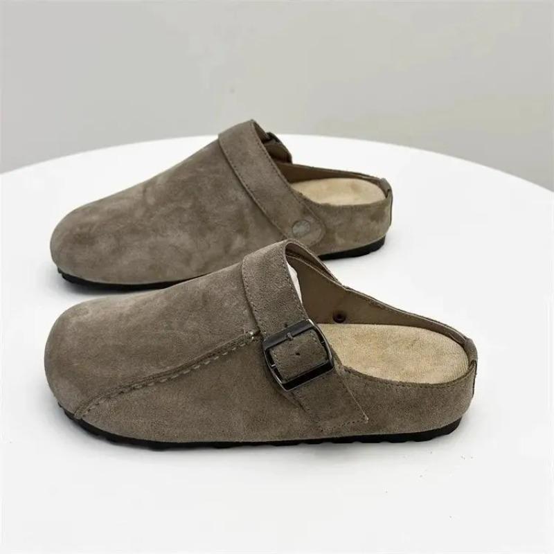 Rubber Slippers Women's Genuine Leather Shoes Med Slides Fashion Shallow Pantofle Luxury Soft 2025 Spring Casual Hoof Heels PU