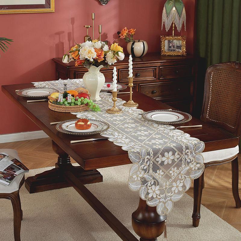 Elegant Table Runner with Coffee-Colored Floral Embroidery and Lace Detailing - Ideal for Home, Festive Outdoor Picnics, Parties, and Weddings