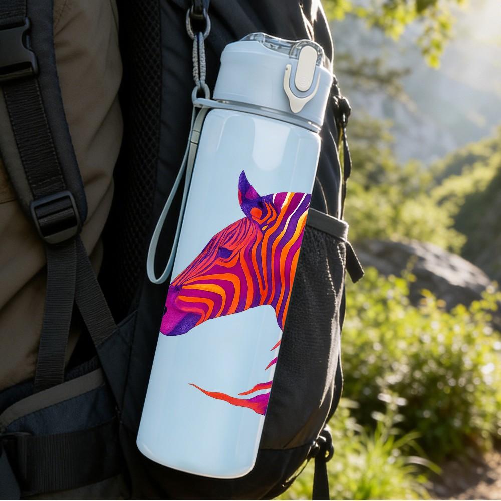 1PC Rainbow Zebra Horse Head Art 750ml Color Plastic Sports Water Bottle Leakproof Flip Straw Lid Suitable for Sports Office Home Use