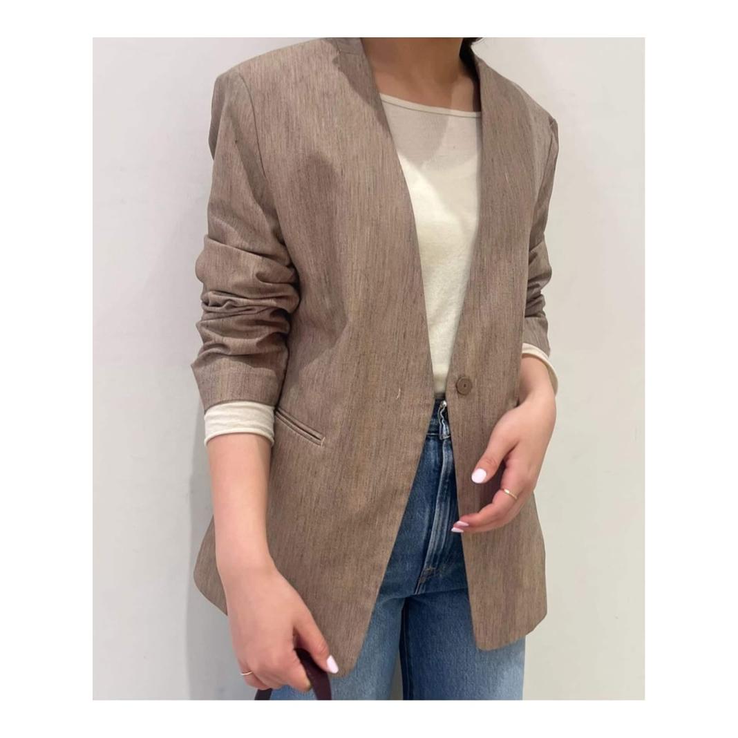 Melange Herringbone Collarless Jacket SLOBE IENA Srobe IENA Jacket/Outerwear Collarless Jacket Beige [Free Shipping] [Rakuten Fashion]