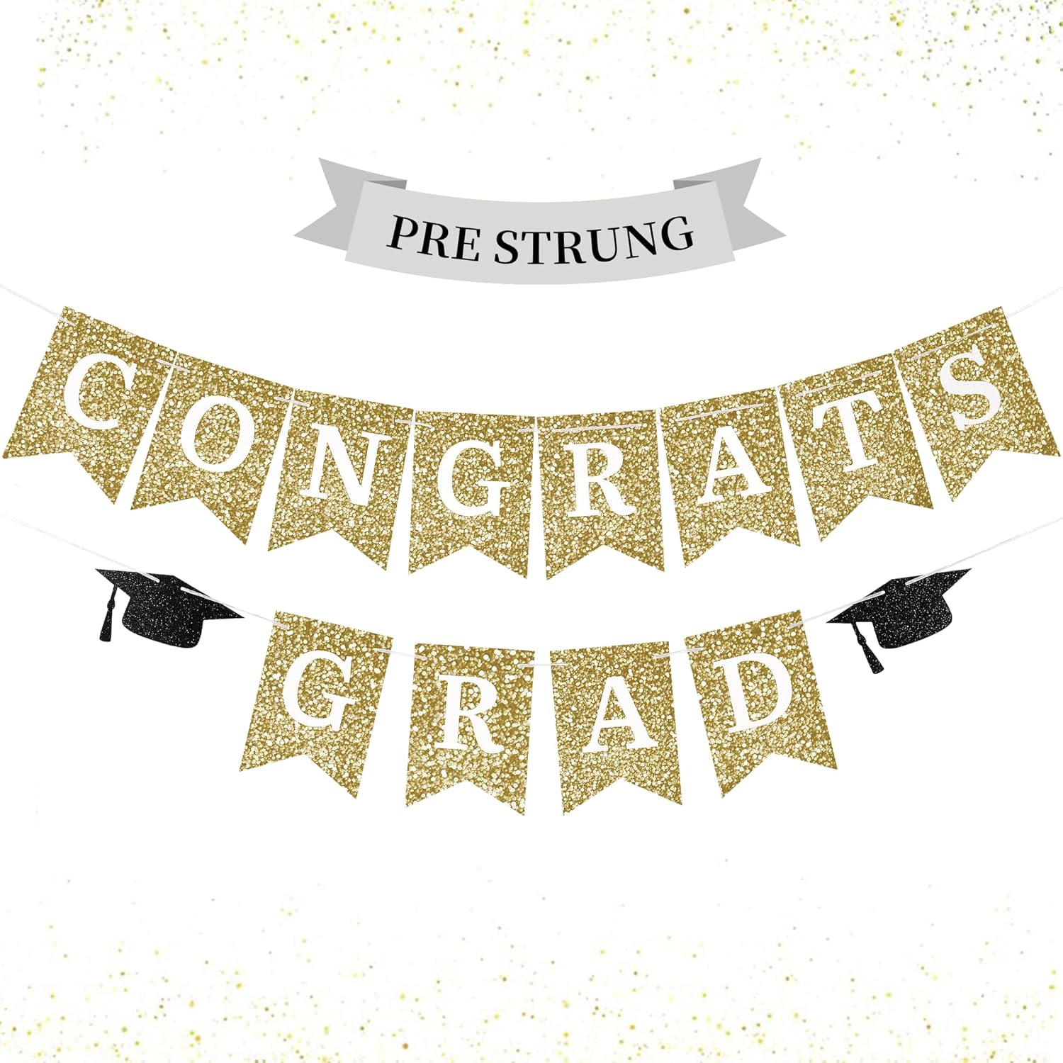 Congrats Grad Banner Gold Glitter Pre-Strung Congrats Grad Sign Decorations - 8ft -No DIY - Graduation Party Decorations for Class of 2025 Graduation
