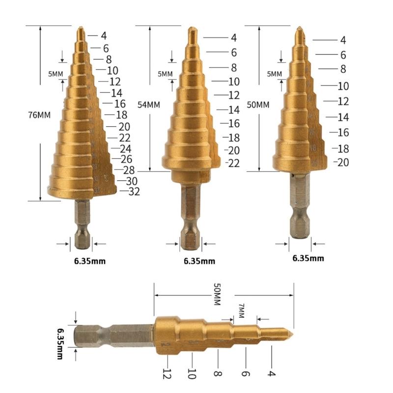 High Speed Steel Step Drill Bit with 1/4" Hex Shank and Straight Grooved for Wood Stainless Steel Sheet Metal Cutting