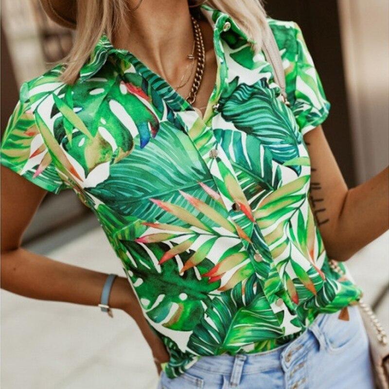 Women Short Sleeve Shirt Turn Down Collar Tops  2023 Summer Fashion Print Blouse Casual Loose Clothes Blusa Mujer 26352