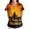 Women's Halloween Print Loose Fit V Neck Short Sleeve Nurse Scrub Top with Pockets Casual Medical Uniform Shirt