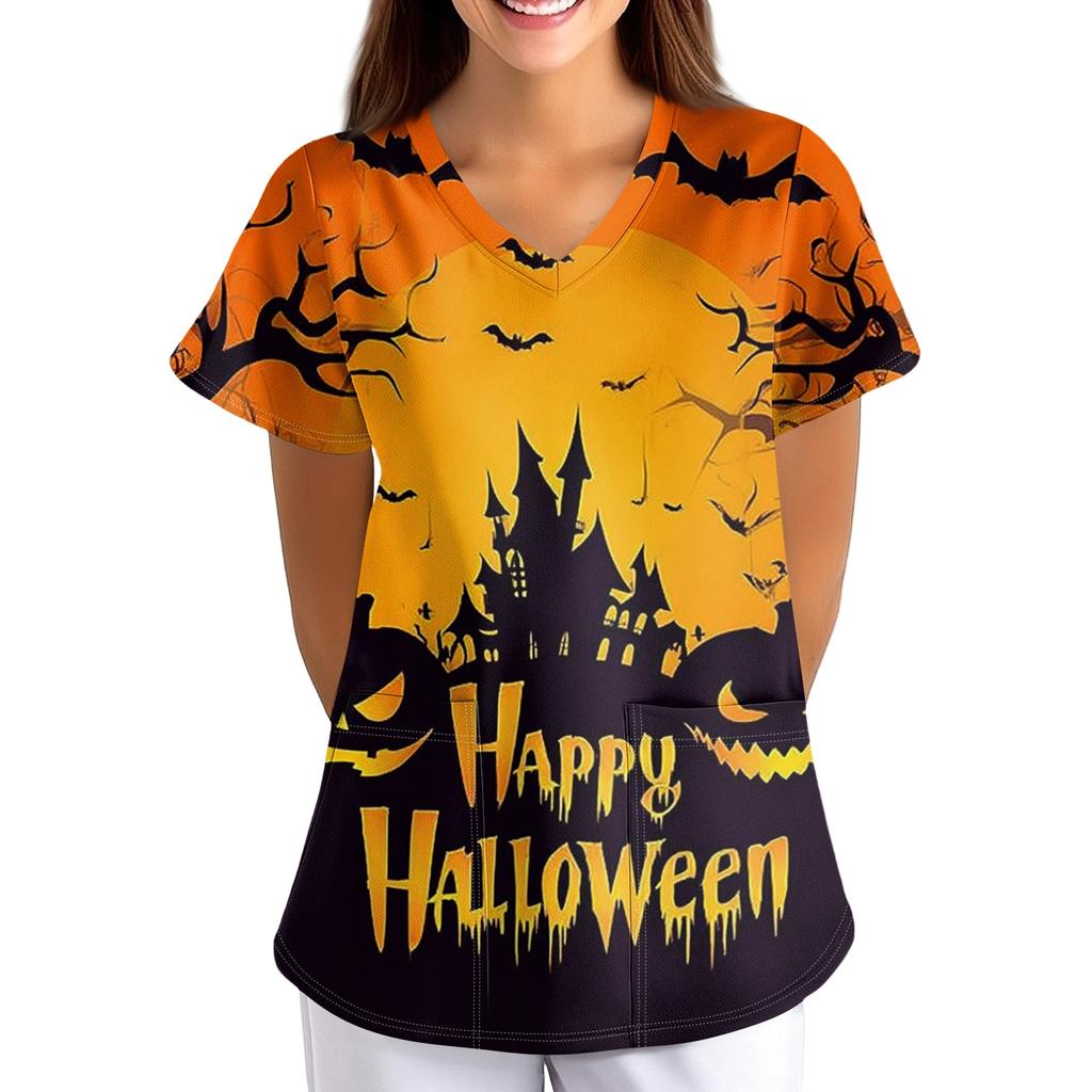 Women's Halloween Print Loose Fit V Neck Short Sleeve Nurse Scrub Top with Pockets Casual Medical Uniform Shirt