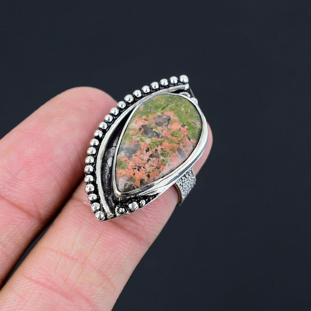 Natural Unakite Gemstone Solitaire Green Ring Size 6 925 Sterling Silver Jewelry