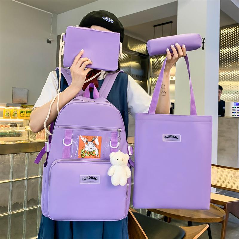 Student school bag Korean version fashion collegiate style backpack four-piece set large capacity set backpack wholesale high capacity