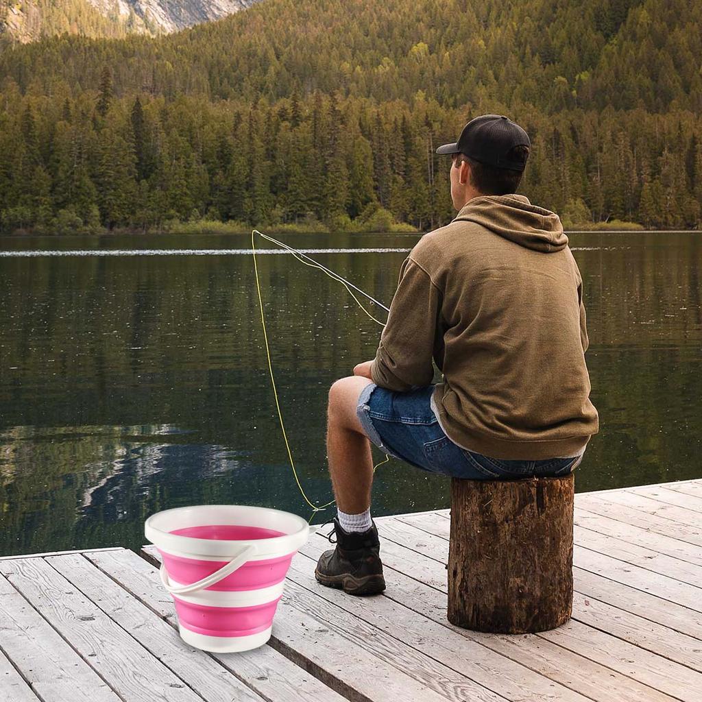 PINK Portable folding bucket, silicone plastic car bucket, children's outdoor fishing bucket, travel home multifunctional bucket