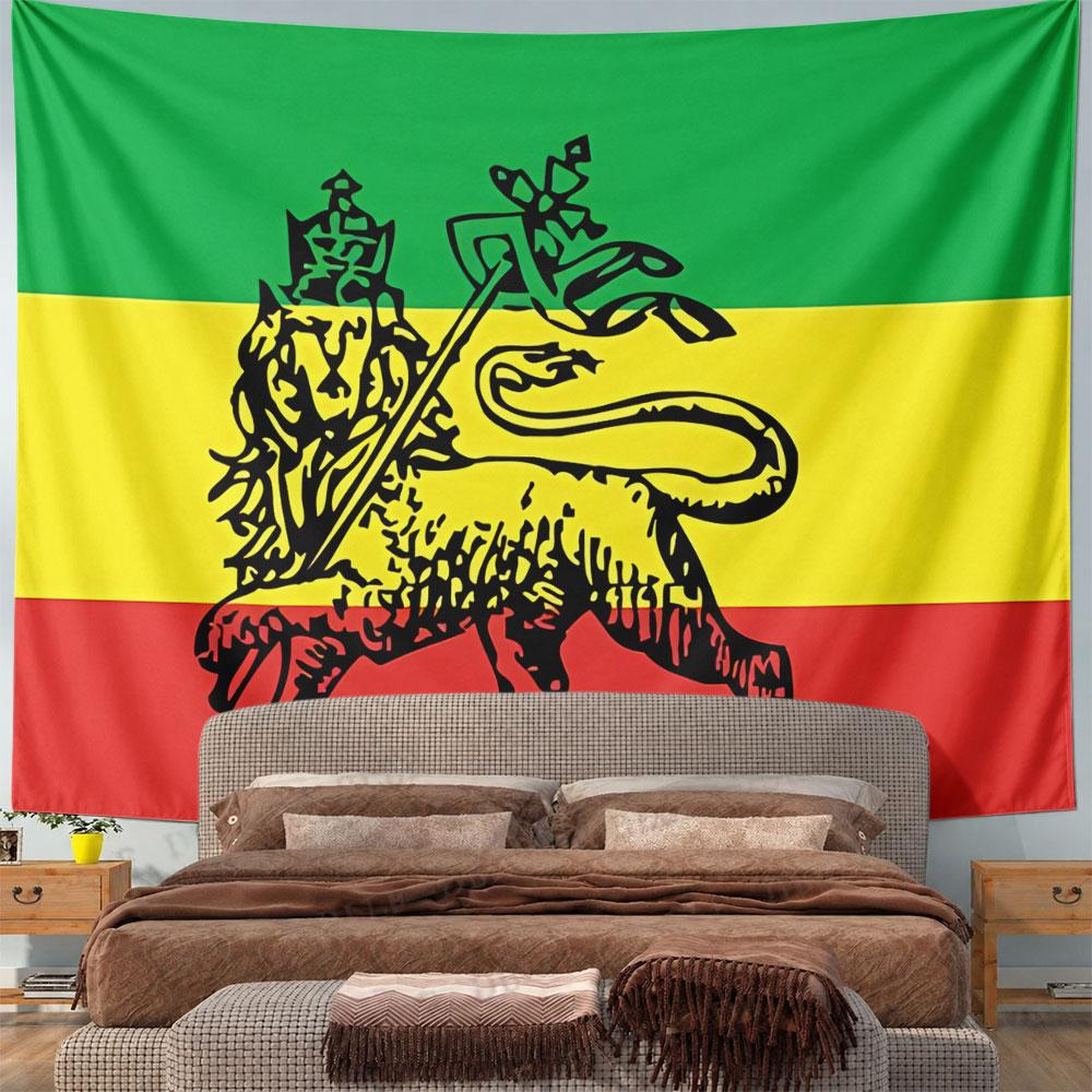 A crowned lion holding a flag on tri-color green, yellow, and red stripes. Patterned tapestry for bedroom and living room home decor