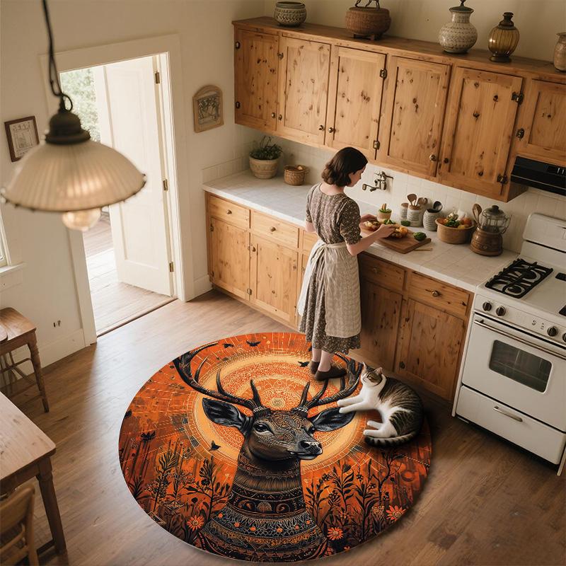 Vintage Sunset Deer Head,Round Area Rug,Carpet Rug for Living Room Bedroom Sofa Playroom Decor,Non-slip Floor Mat