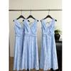 Summer blue sleeveless unique and beautiful waist pinch dress women's summer temperament lace splicing hollow dress