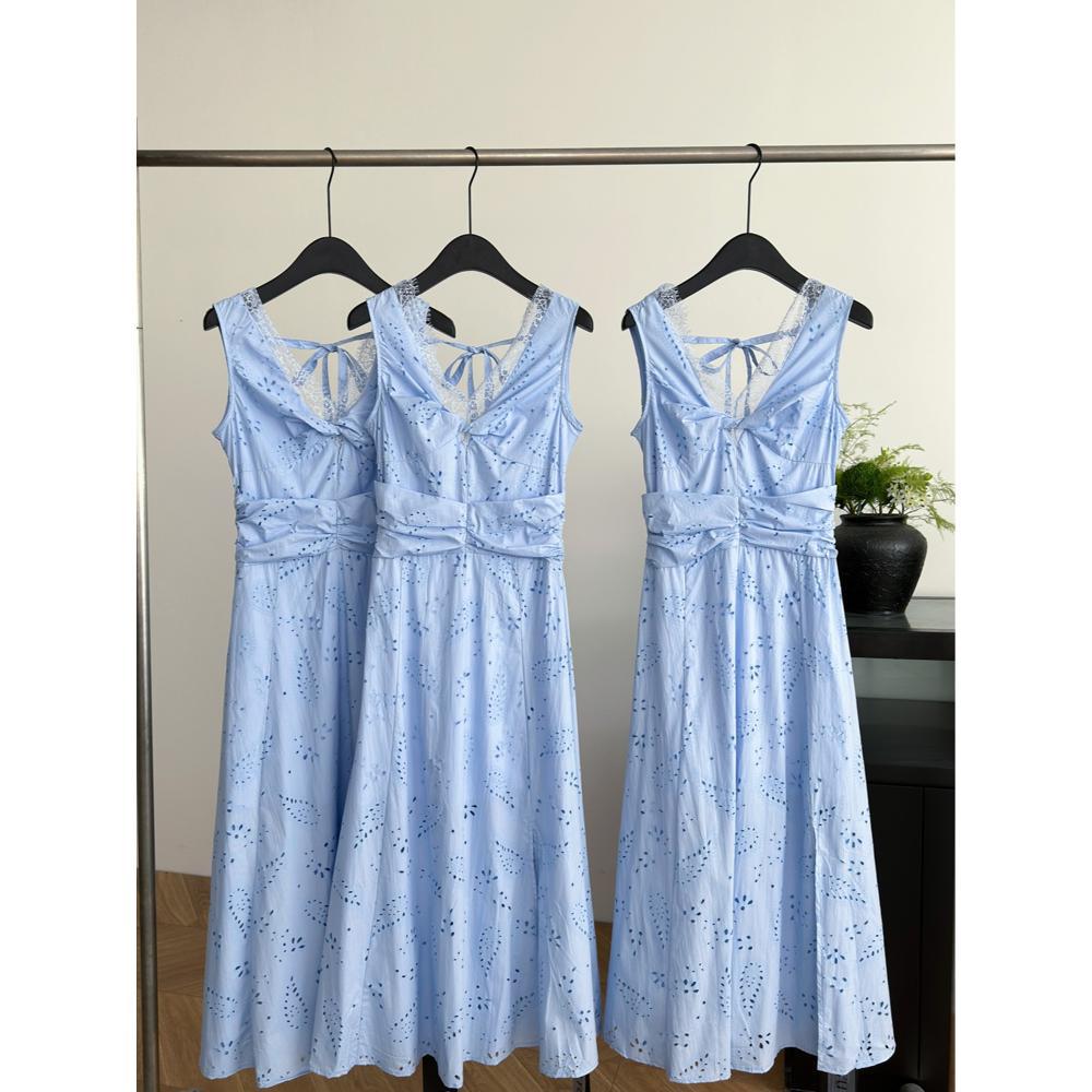 Summer Blue Sleeveless Unique and Beautiful Waist Pinch Dress Women's Summer Temperament Lace Splicing Hollow Dress