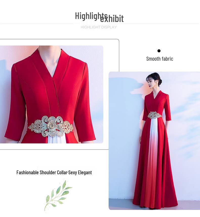 Women's Long Red Choir Performance Dress for Stage, Hosting, and Poetry Recitation Competitions - New Style Atmospheric Costume