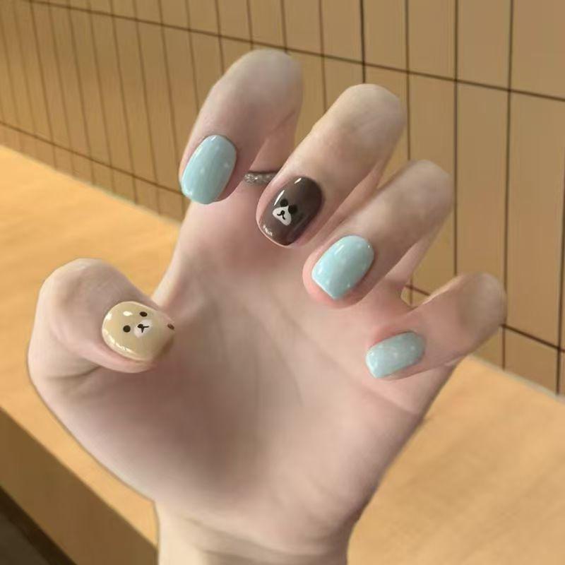 Kawa z mlekiem Misie w grochy Paznokcie na doczepienie - Urocze, Zabawne, Słodkie Naklejki do Manicure